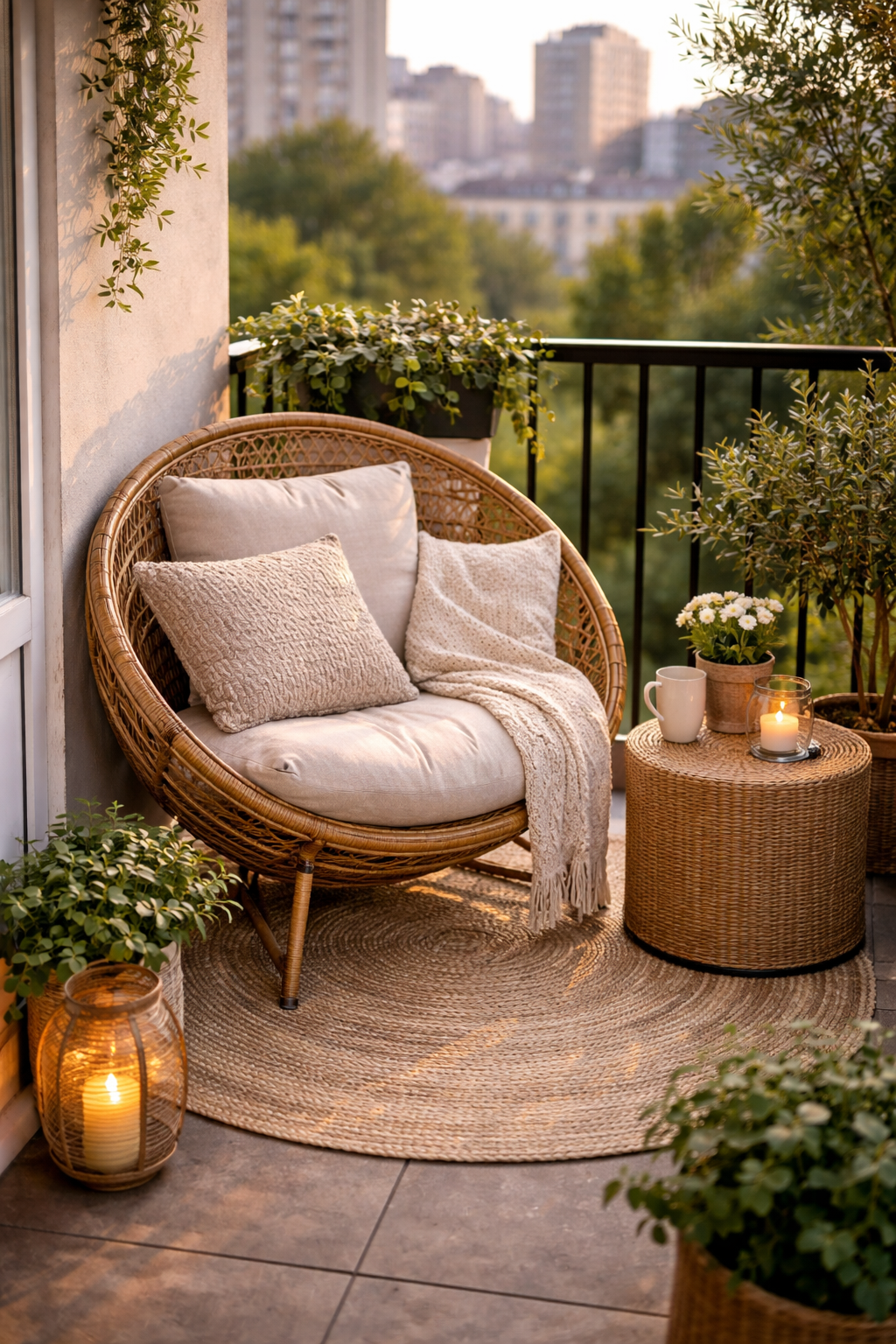 Very small balcony with one oversized rattan lounge chair with cushions and a small side table with a city view