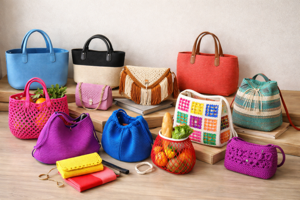Vibrant crochet bag collection on display