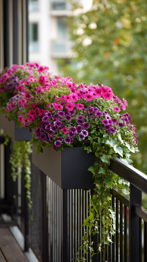 Railing planter boxes on a small apartment balcony filled with colorful petunias and trailing ivy, renter-friendly balcony garden idea