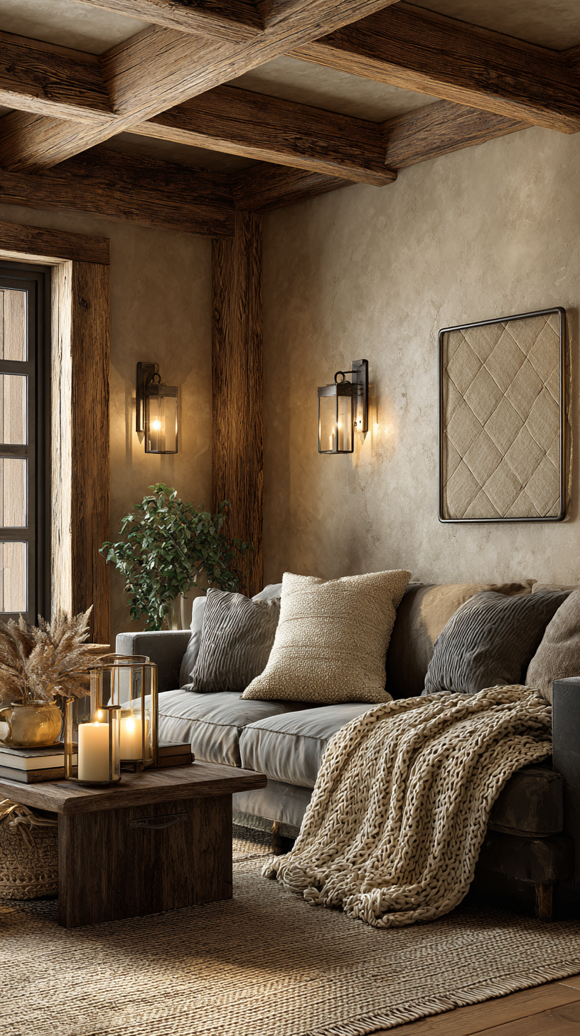 Farmhouse beige living room with chunky wood coffee table, iron lighting, and textured throws