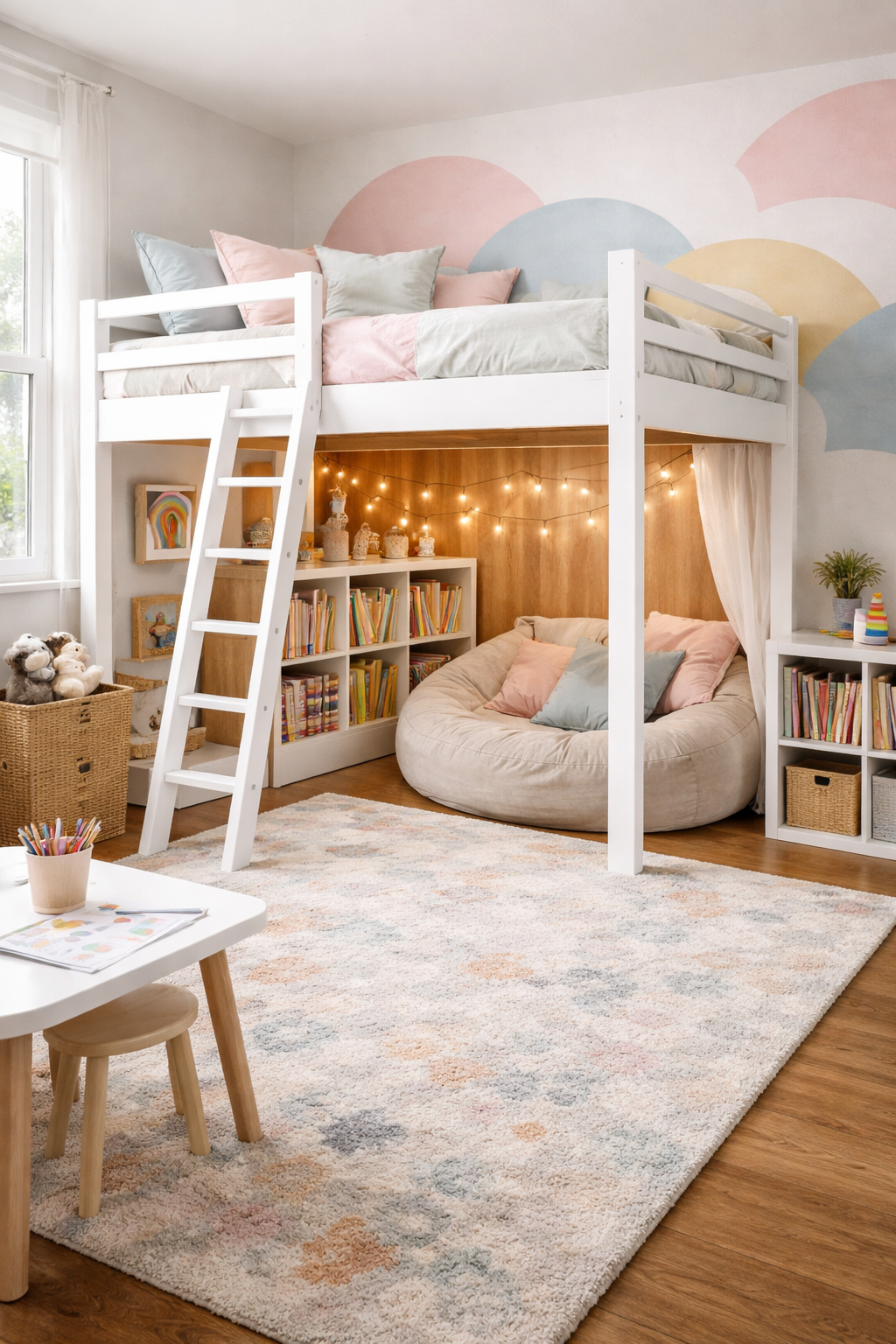 White loft bed with cozy reading nook underneath featuring bean bag and fairy lights. - Kids Bedroom Ideas