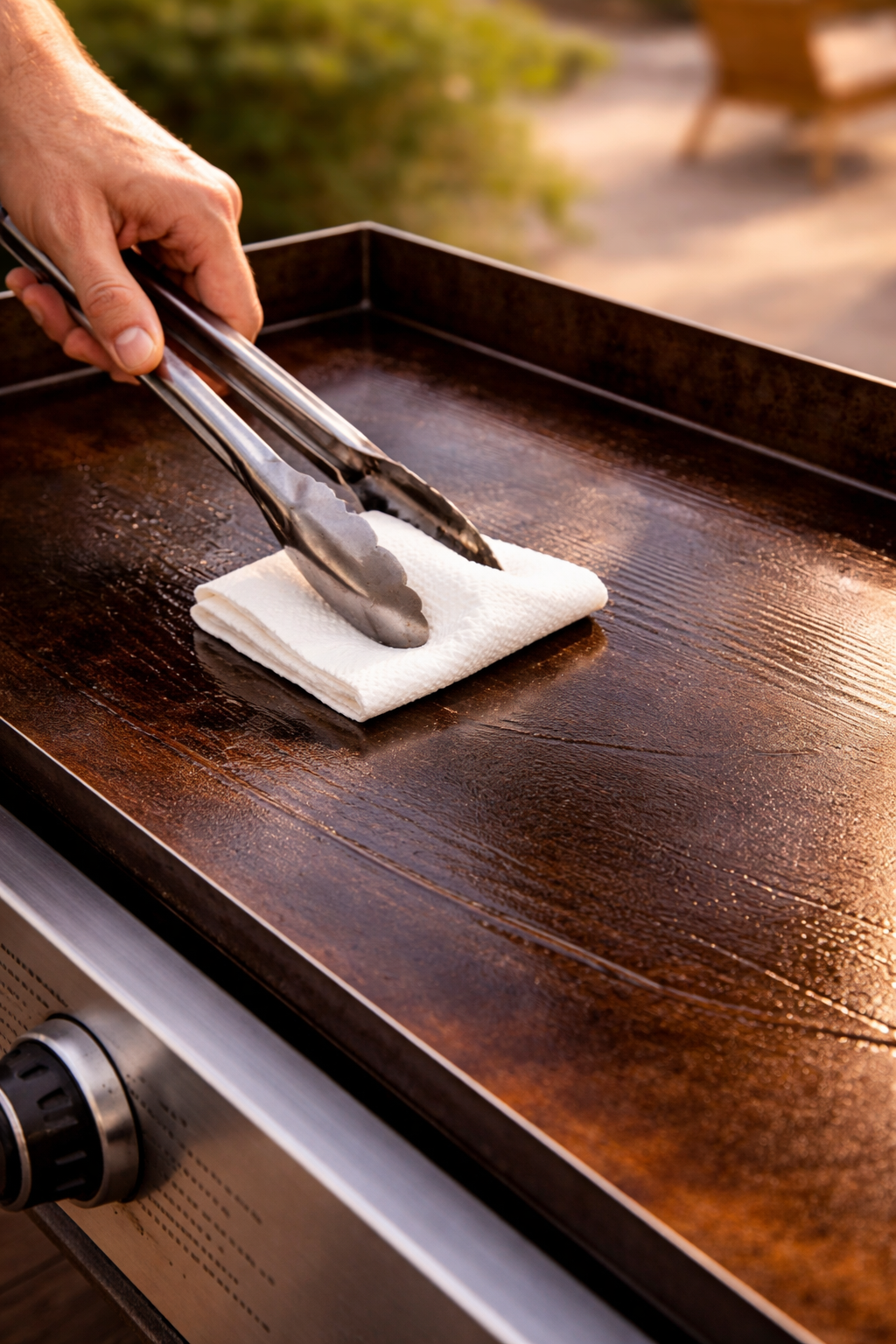 Spreading thin layer of oil across seasoned Blackstone griddle surface with paper towel