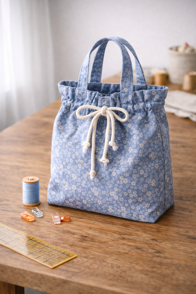 abric tote bag with a drawstring closure