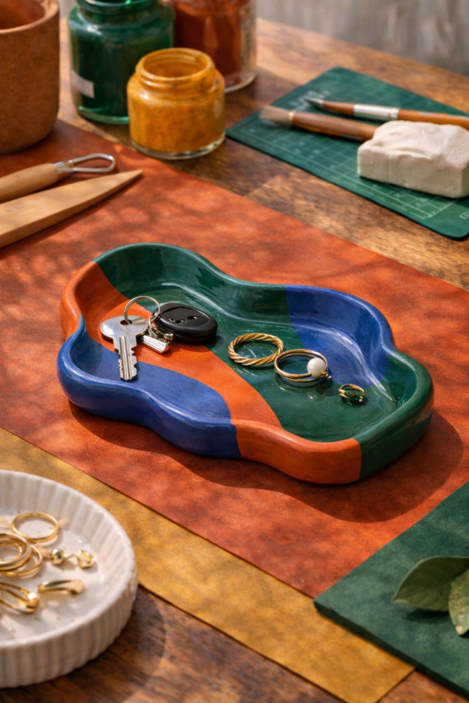 abstract shaped clay tray with irregular organic curves, tray painted in bold color blocking