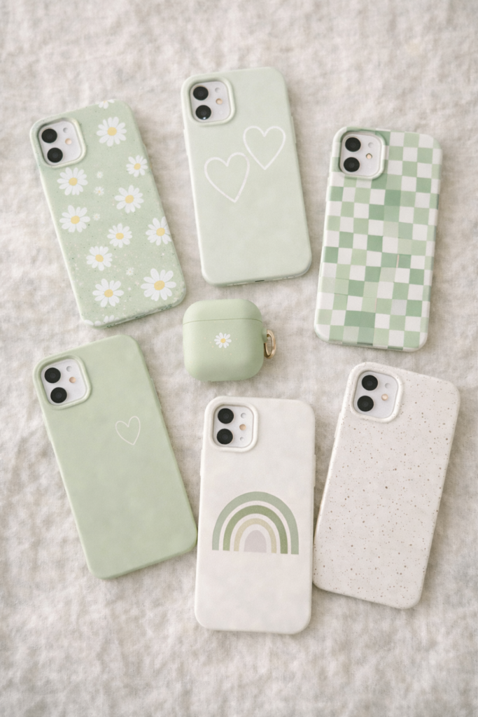 aesthetic phone cases and matching AirPod covers arranged on linen fabric, green and bright tones