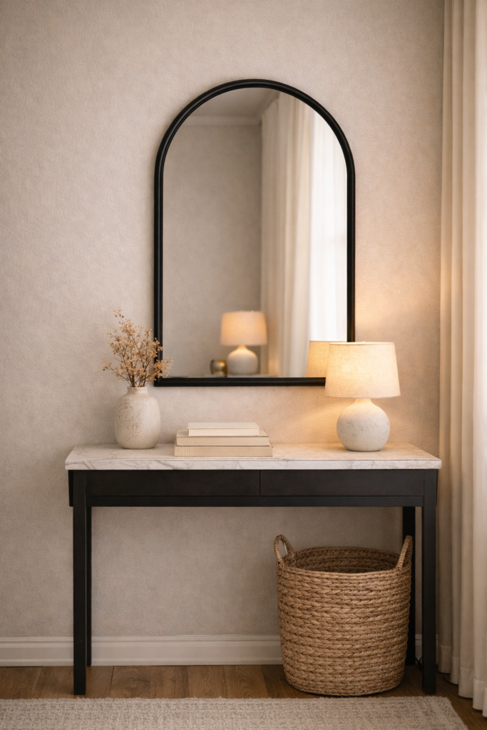 arched thrifted mirror painted matte black above a modern entry console