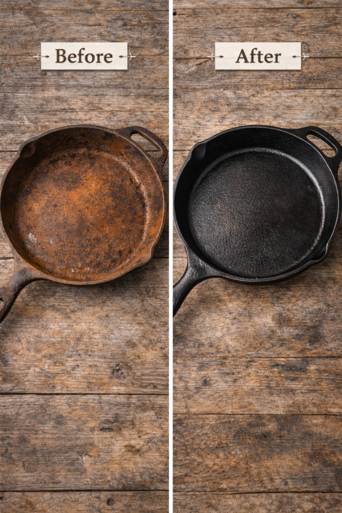 A before and after flat lay showing a rusty cast iron skillet next to a fully restored and seasoned skillet on a weathered wood surface.