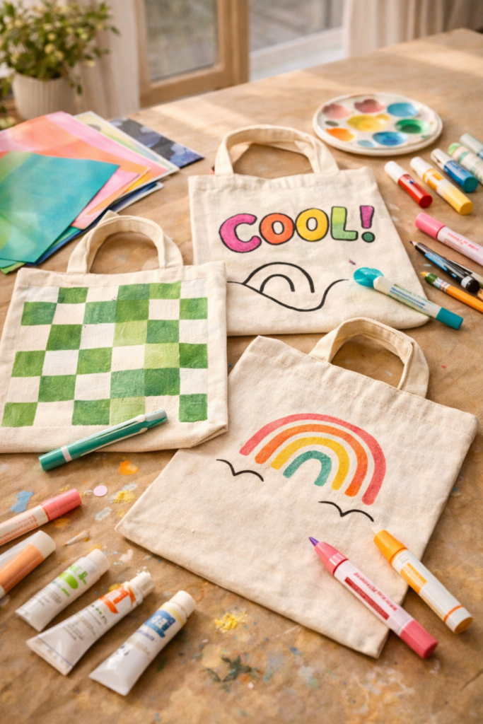 blank canvas tote bags being decorated with fabric paint in bright and neutral tones