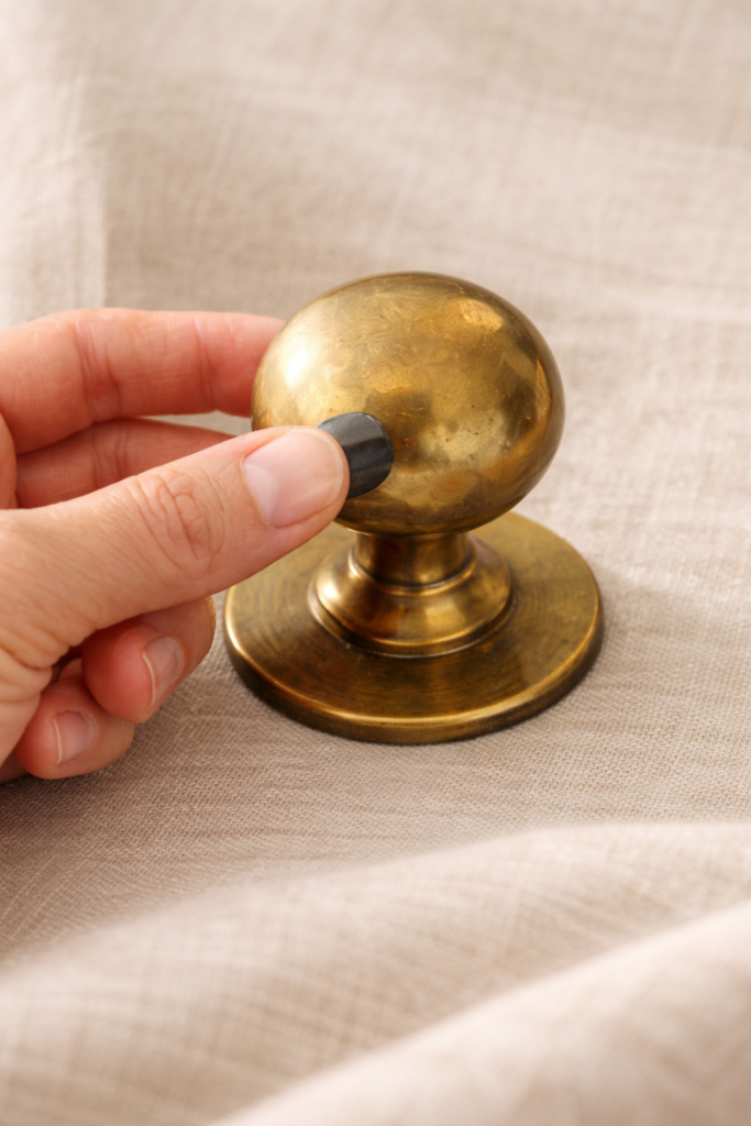 Testing brass hardware with a magnet to identify solid vs plated finish