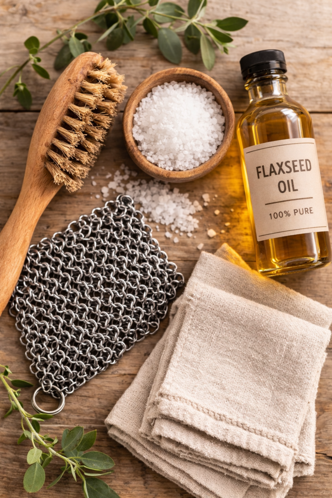 What You Actually Need to Clean Cast Iron
A flat lay of cast iron cleaning supplies including a stiff bristle brush, chainmail scrubber, kosher salt, lint-free cloths, and flaxseed oil on a light wood surface