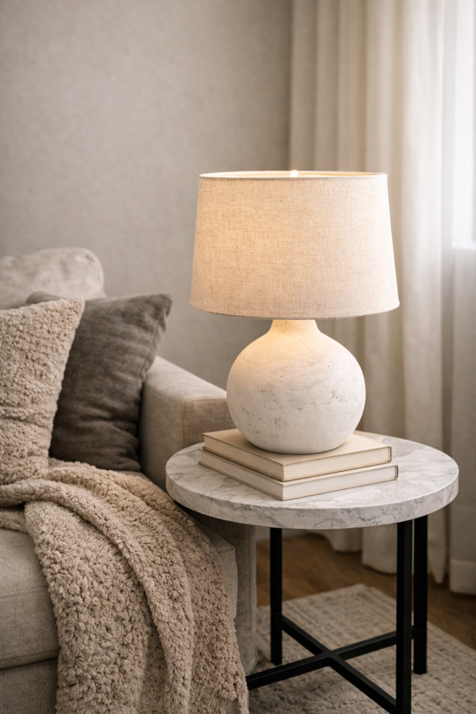 ceramic thrifted lamp base painted matte white with a linen drum shade