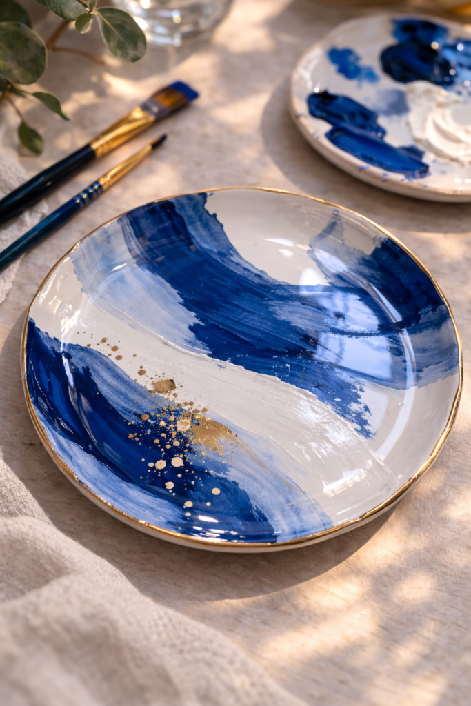 handmade clay jewelry plate featuring bold abstract painted brush strokes in cobalt blue and white