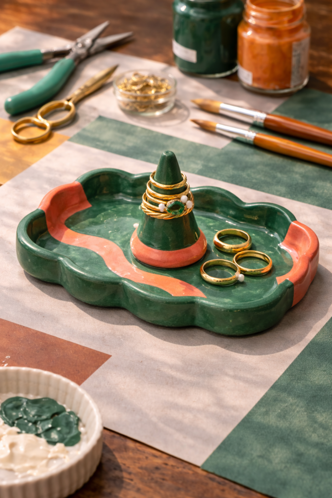 Vertical 916 editorial craft photography of a handmade clay ring holder tray featuring a small cone in the center for stacking rings, tray painted emerald green with coral accents, several rings placed on the cone, jewelry tools and paint brushes nearby, colorful modern craft workspace, bright natural lighting with soft shadows, Pinterest-style DIY photography, high detail, no people