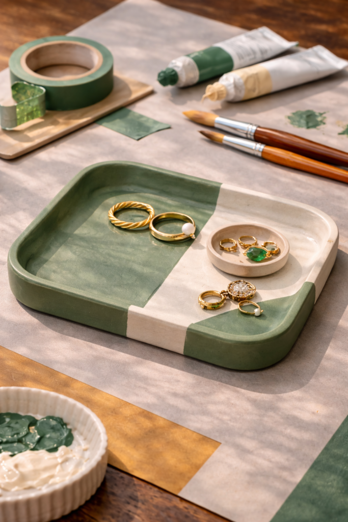clay tray painted with bold two-tone color blocking