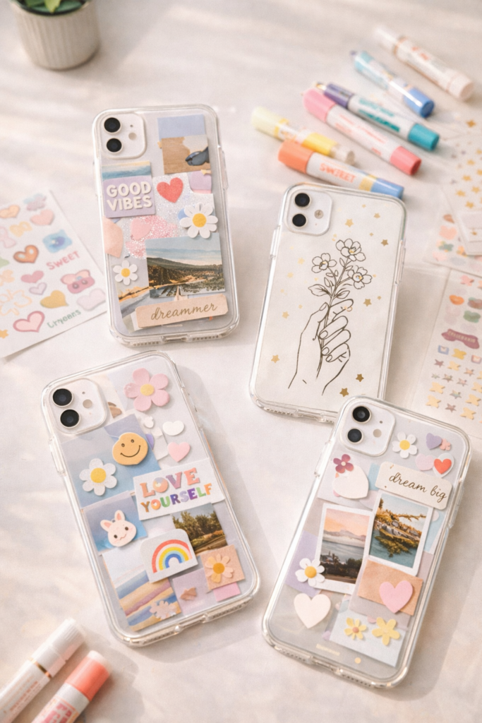 clear phone cases laid out with aesthetic collage inserts