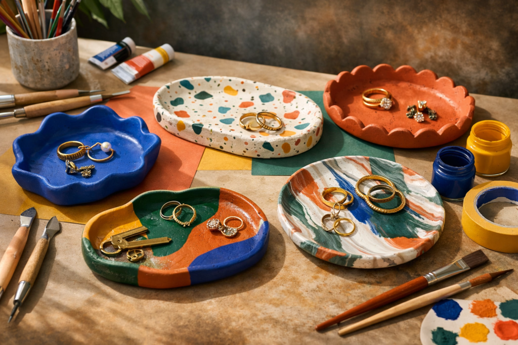 a colorful collection of handmade clay trays arranged on a modern craft table