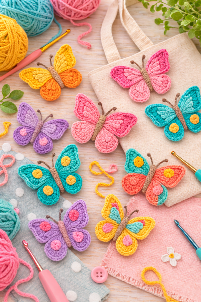 colorful crochet butterfly appliqués