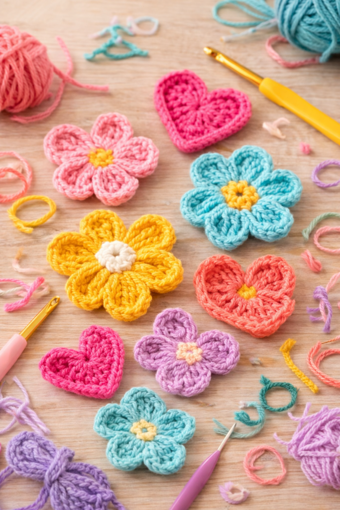 several colorful crochet flower appliqués arranged on a craft table
