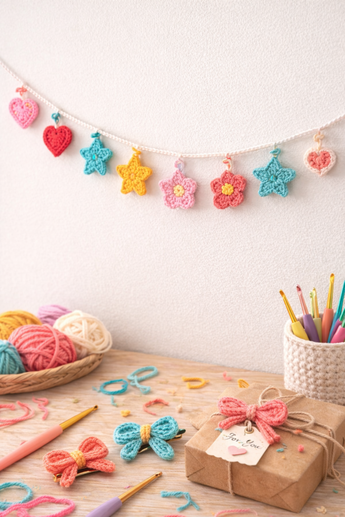 colorful crochet garland made from tiny hearts, stars, and flower motifs