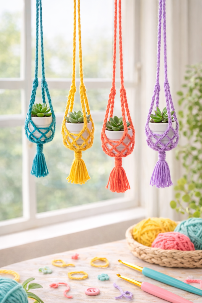 small colorful crochet plant hangers holding tiny succulent pots hanging near a bright window