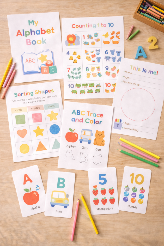 colorful preschool printable worksheets and flashcards arranged neatly on a light wood table