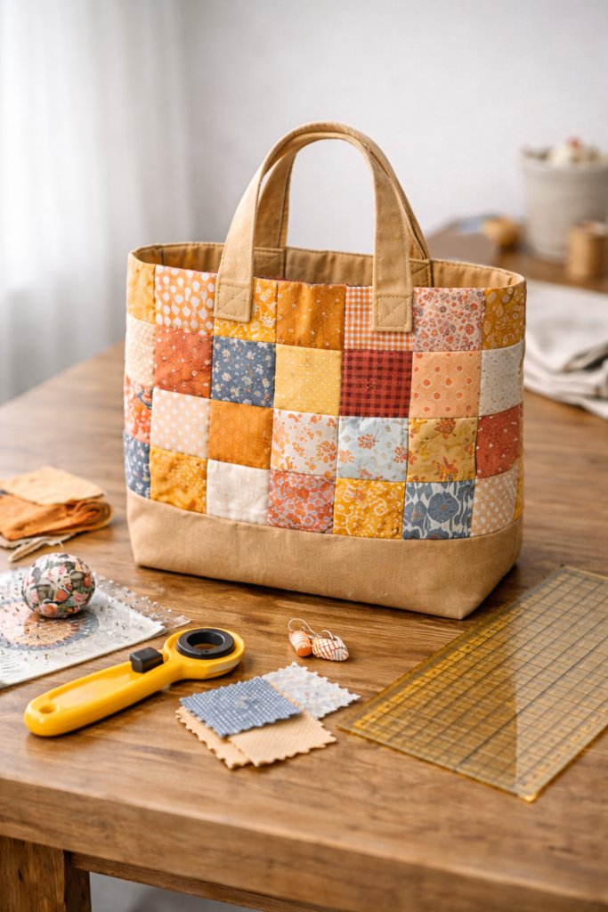 colorful quilted patchwork tote bag