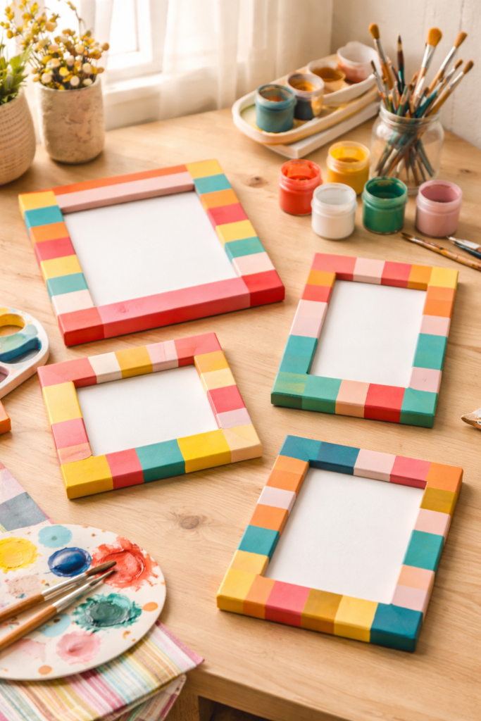 colorful wooden picture frames painted with bold stripe patterns