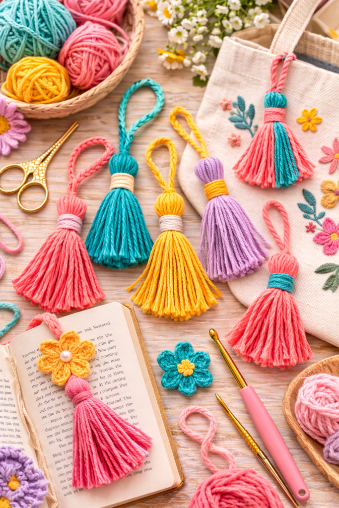 colorful yarn tassels in bright shades arranged on a craft table