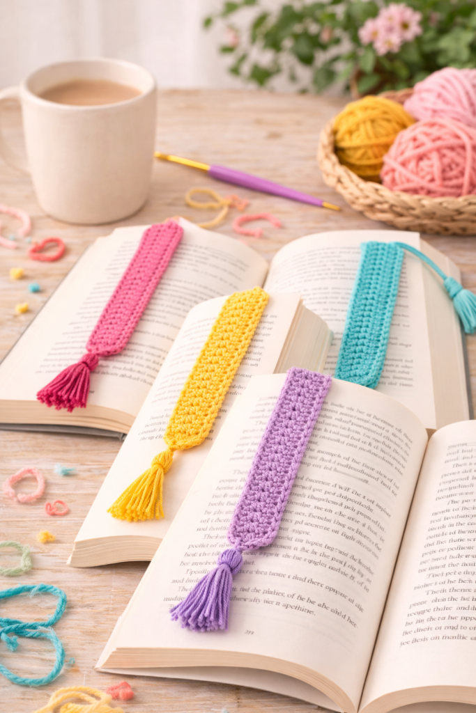colorful crochet bookmarks placed inside open books on a cozy reading table