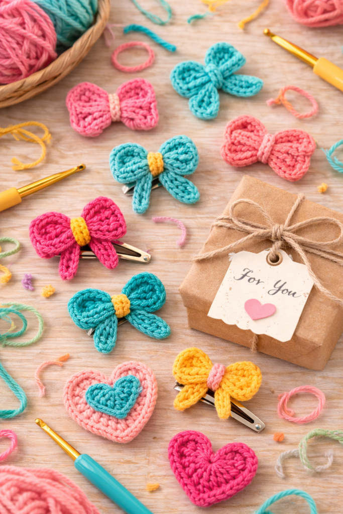 small crochet bows in bright yarn colors