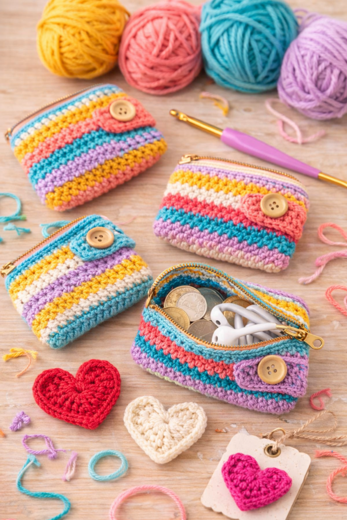 small crochet keychains in fun shapes like hearts, circles, stars, and mini flowers in bright colorful yarn