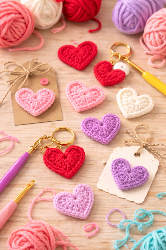 mall crochet hearts in vibrant yarn colors