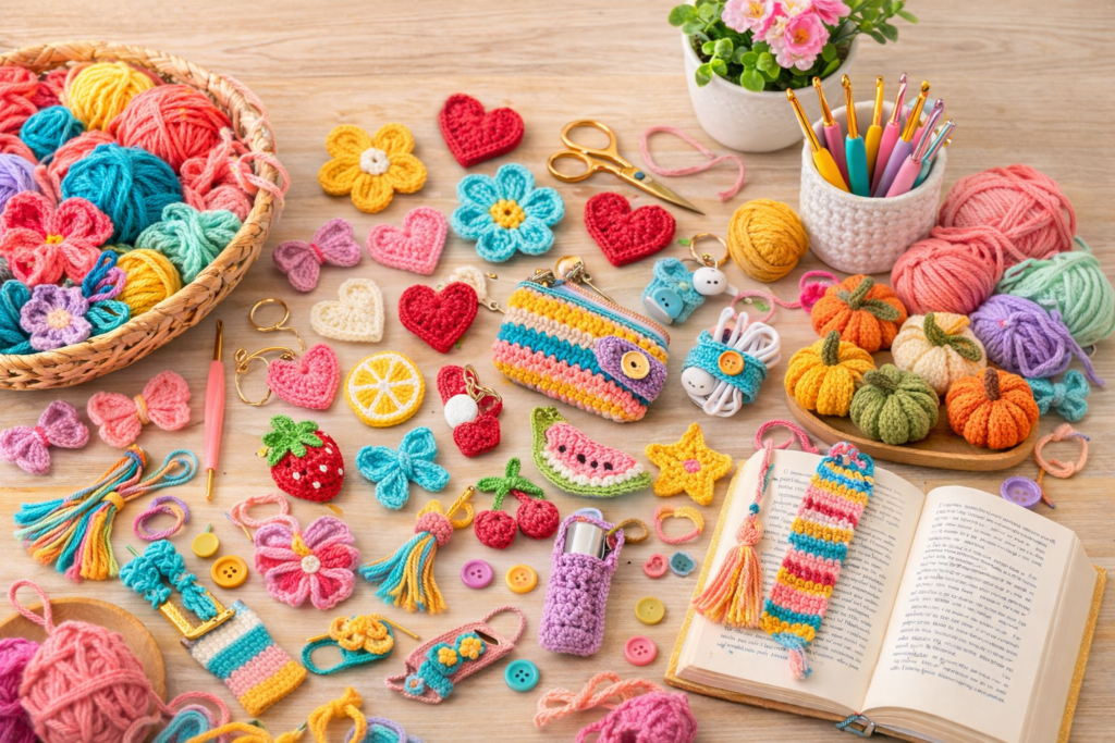 small finished crochet items are displayed nearby including mini hearts, flowers, bows, tassels, and tiny keychains.