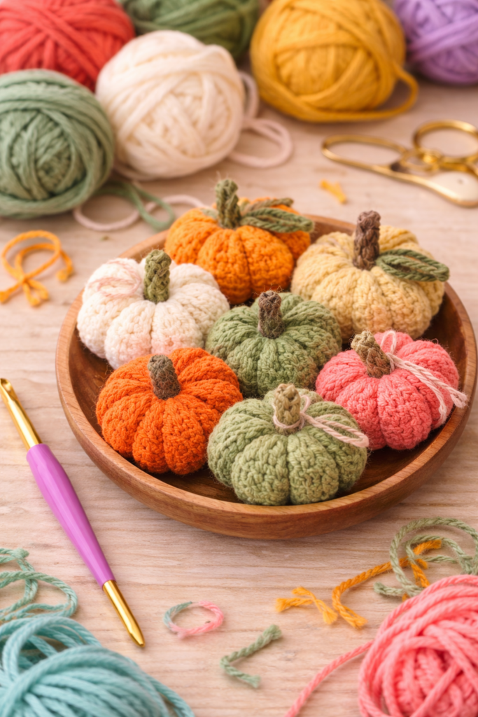 small crochet pumpkins in shades of orange