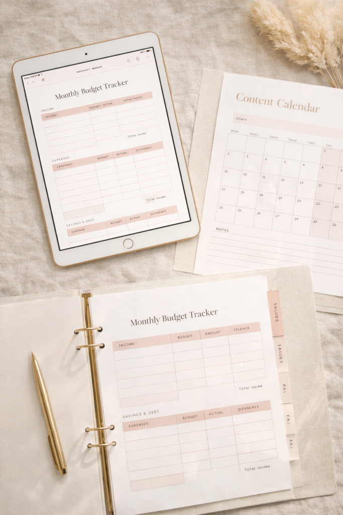 Profitable Etsy Shops - digital planner pages displayed on an iPad and printed binder pages on a neutral linen surface