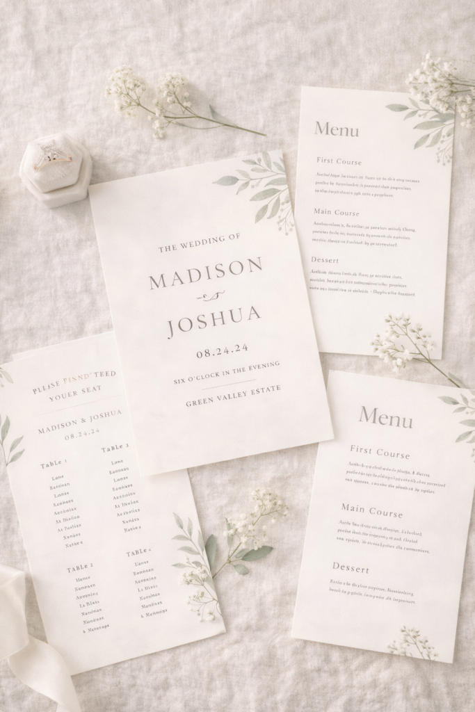 elegant wedding invitation suite with matching seating chart and menu card