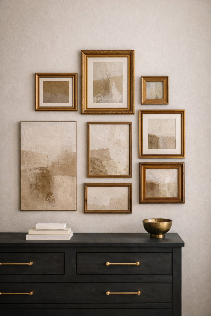 gallery wall made from mixed vintage gold and wood frames