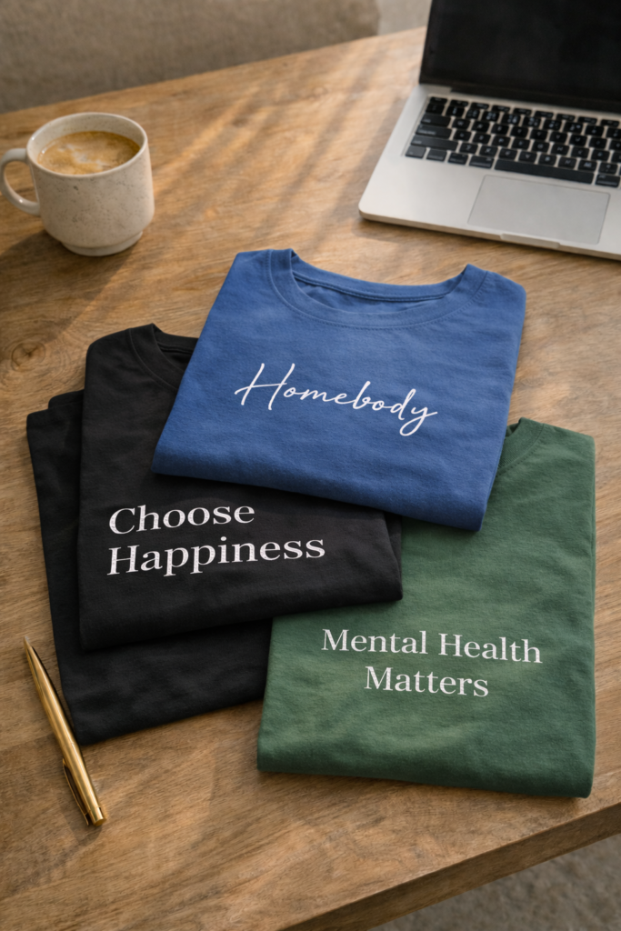 graphic t-shirts folded on a modern wood table 