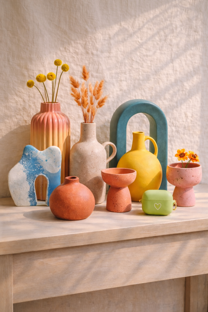 handmade ceramic vases and sculptural decor pieces styled on a modern console table