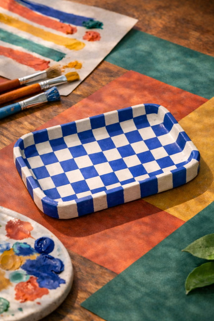 handmade clay jewelry tray with bold painted patterns including checkerboard