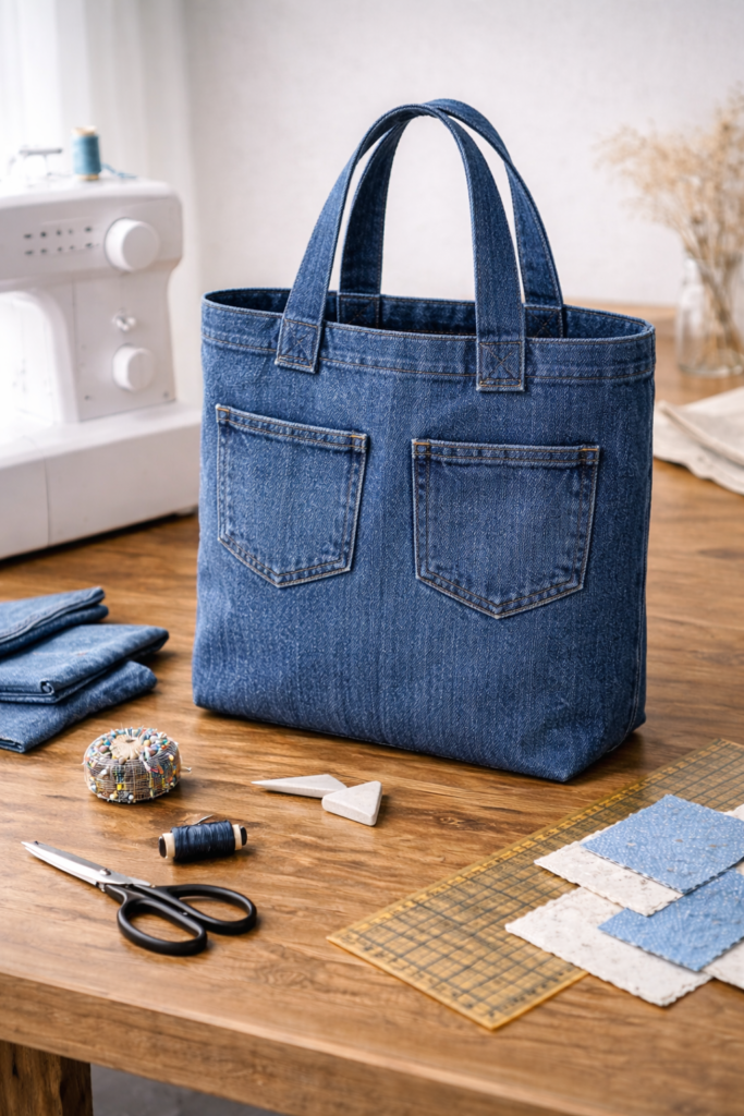 handmade denim tote bag created from recycled jeans