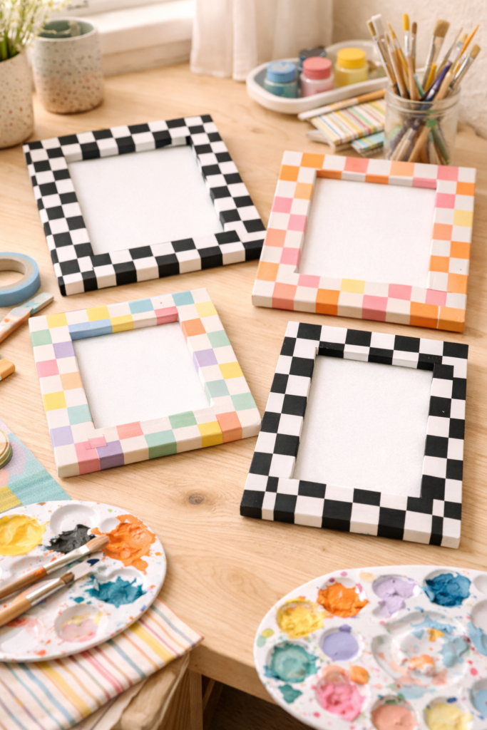 handmade picture frames painted with bold checkerboard patterns