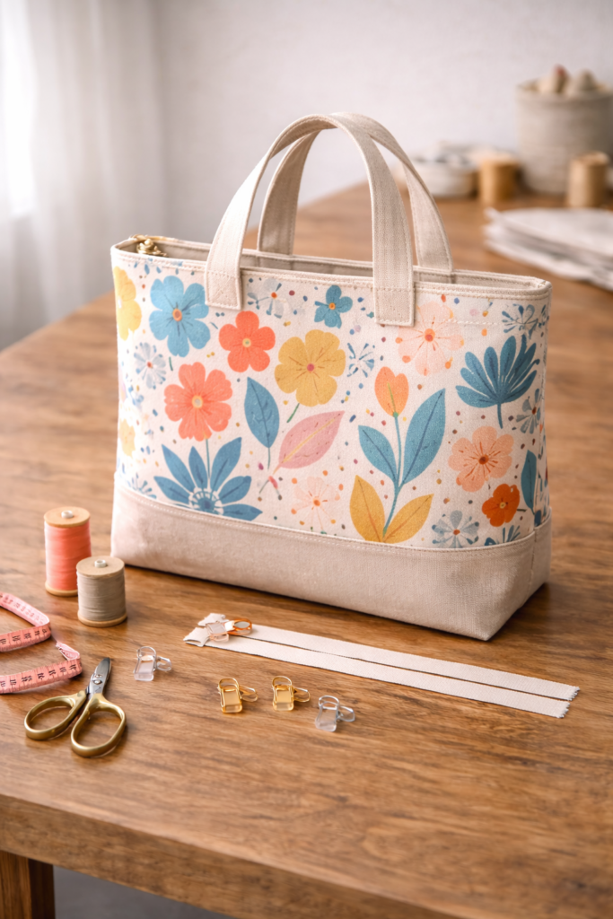 handmade tote bag with a visible zipper closure