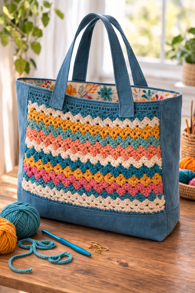 hybrid tote bag featuring crocheted front panel and sewn fabric lining