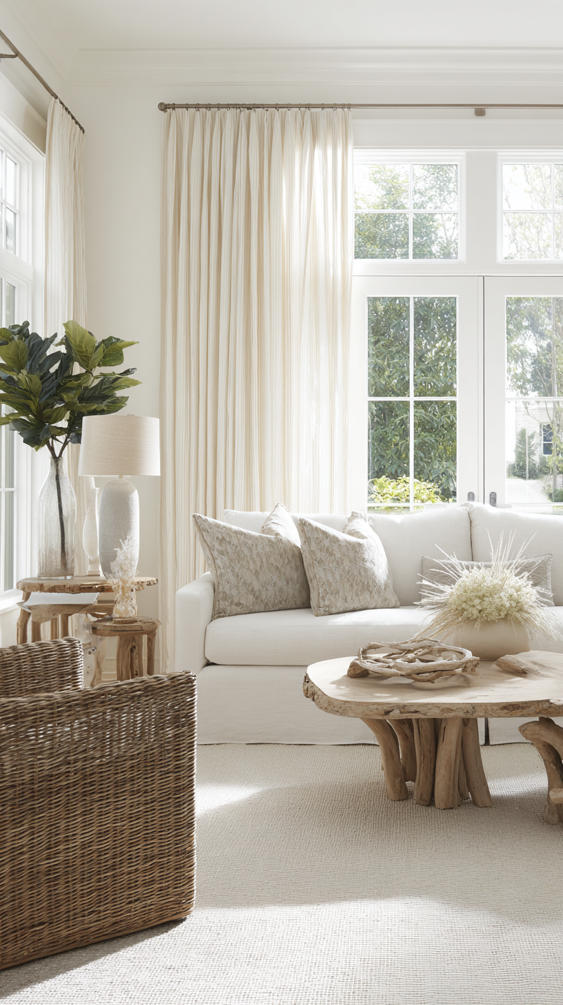 Coastal beige living room with driftwood console, rattan chair, and sheer linen curtains