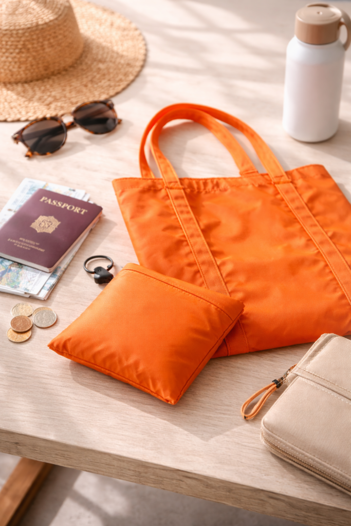 lightweight orange foldable tote bag