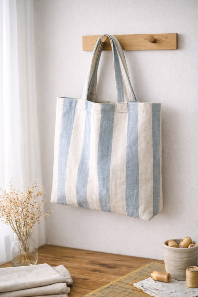 linen tote bag hanging on a wooden hook