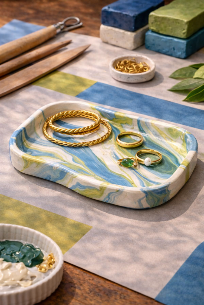 marble effect clay tray with swirling clay patterns in white, blue, and lime green