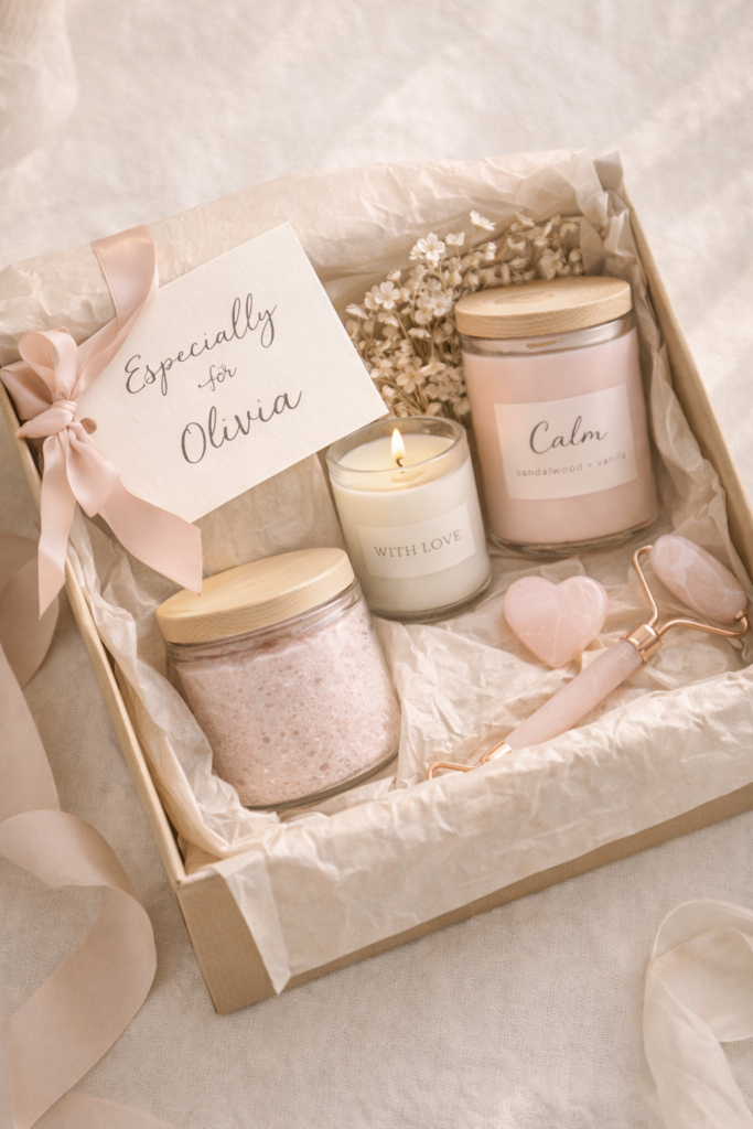 open gift box with neutral tissue paper, personalized tag, small candles and self-care items