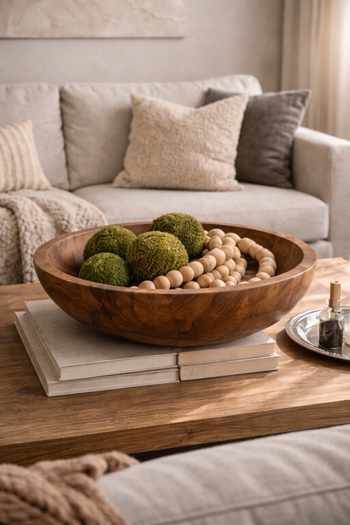 oversized wooden bowl styled on a neutral coffee table